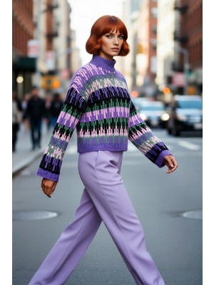 PayBuy Kadın Etnik Desenli Oversize Dik Yaka Düşük Kol Kalın Crop Triko Kazak Kışlık Günlük Şıklık