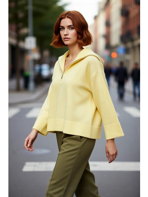 PayBuy Kadın Oversize Fermuarlı Dik Yaka Triko Kazak Düşük Kol Uzun Kış Günleri Için Ideal Model