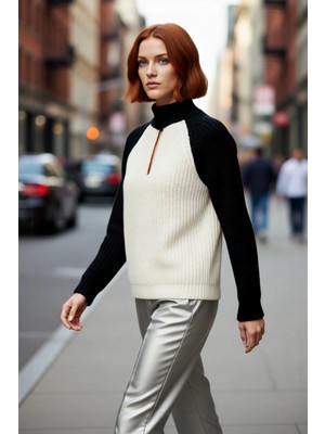 PayBuy Kadın Oversize Dik Yaka Fermuarlı Renk Bloklu Kalın Triko Kazak Kış Sezonu Için Ideal Şıklık