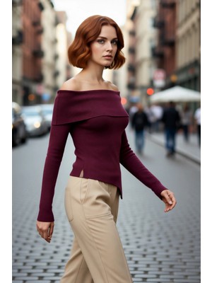 PayBuy Kadın Fitted Carmen Yaka Ince Triko Kazak Uzun Standart Kol Düz Premium Iplik Sonbahar Şıklığı