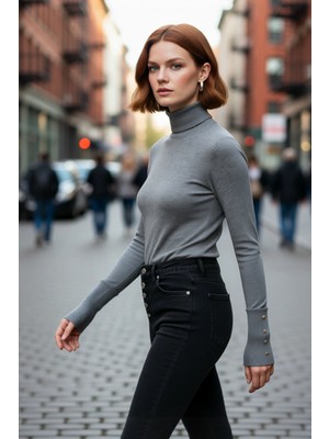 PayBuy Kadın Ekru Ince Balıkçı Yaka Fitted Kalıp Triko Kazak Ilkbahar Sonbahar Günlük Şıklığı Kaliteli