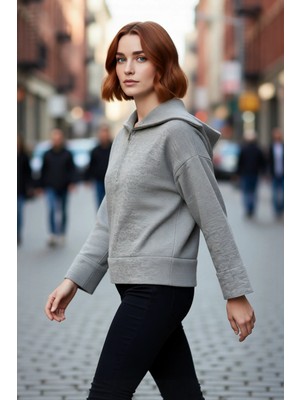 PayBuy Kadın Oversize Fermuarlı Dik Yaka Triko Kazak Düşük Kol Uzun Kış Günleri Için Ideal Model