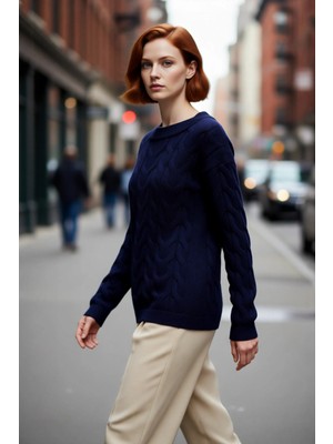 PayBuy Kadınlara Özel Saç Örgü Desenli %100 Akrilik Triko Kazak Kayık Yaka Uzun Kol Regular Kalıp Günlük