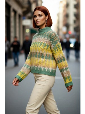 PayBuy Kadın Etnik Desenli Oversize Dik Yaka Düşük Kol Kalın Crop Triko Kazak Kışlık Günlük Şıklık