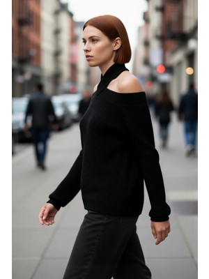 PayBuy Kadın Regular Kalıp Carmen Yaka Detaylı Crop Boy Uzun Kollu Şık Akrilik Triko Kazak Kaliteli