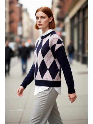 PayBuy Kadın Oversize Bisiklet Yaka Baklava Desenli Düşük Kol Triko Kazak Kış Tarzına Şıklık Katıyor