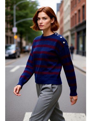 PayBuy Kadın Regular Kalıp Bisiklet Yaka Düşük Kol Çizgili Omuz Düğme Detaylı Triko Kazak Kışlık Giyim
