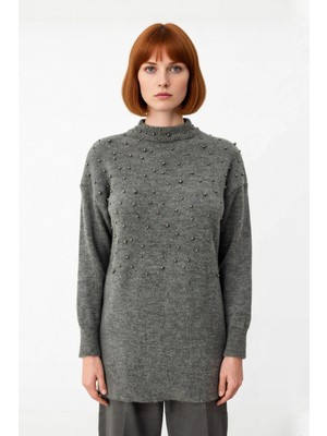 Ersefa Kadınlara Özel Tesettür Giyime Uygun Metal Inci Detaylı Bisiklet Yaka Triko Kazak Soğuk Havalarda