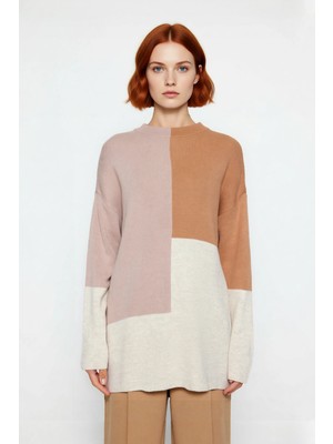 Ersefa Kadınlar Için Dik Yaka Relaxed Kesim Renk Bloklu Akrilik Triko Kazak Günlük Kullanım Kaliteli