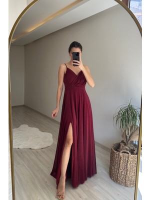 Neşeli Butik Kadın Işıltılı Askılı Yırtmaç Detayı Şifon Abiye Elbise NM002