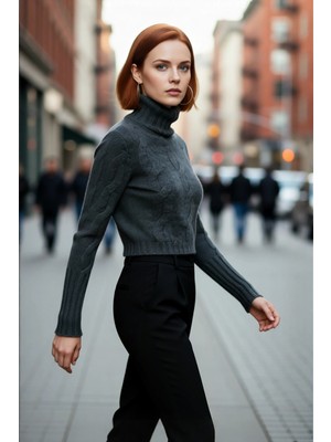 PayBuy Kadınlara Özel Regular Kalıp Super Crop Dik Yaka Uzun Kollu Saç Örgü Triko Kazak Kombini Kaliteli