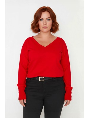 Ersefa Kadın Düz Desen Regular Kalıp Triko V Yaka Kazak Uzun Kollu ve Şık Düğme Detayları Ile Kaliteli