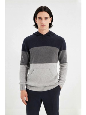 Ersefa Erkek Regular Kesim Kapüşonlu Renk Bloklu Uzun Kollu Triko Kazak Soğuk Kış Günleri Için Ideal