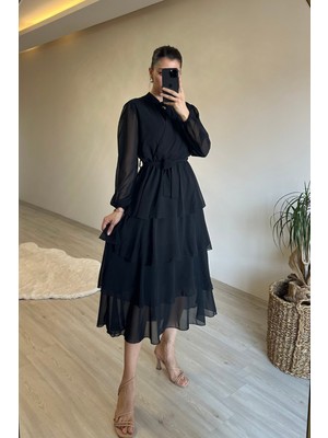 Neşeli Butik Kadın Kat Kat Volanlı Kuşaklı Midi Şifon Elbise NM004