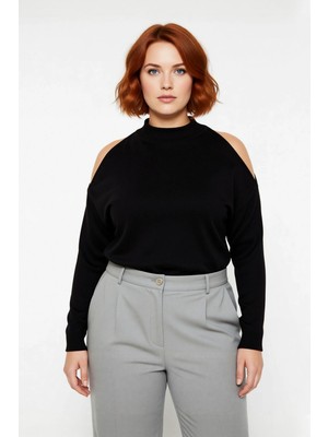 Ersefa Kadın Şık Relaxed Kalıp Dik Yaka Uzun Kollu Omzu Açık Detaylı Tarz Akrilik Triko Kazak Kaliteli