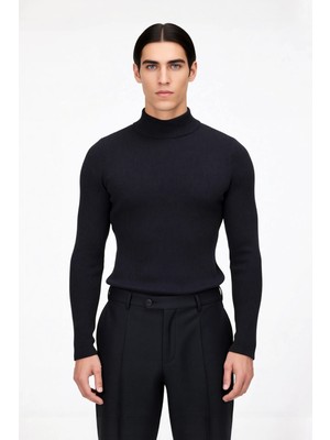 Ersefa Erkek Dik Yaka Uzun Kol Fitilli Dar Kalıp Triko Kazak Kış Sezonu Için Modern ve Konforlu Stil