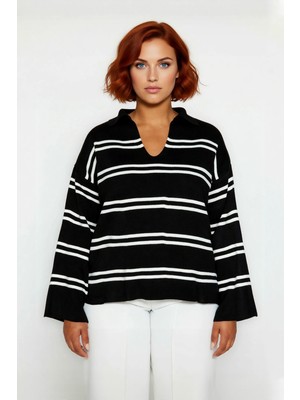 Ersefa Kadın Polo Yaka Çizgili Akrilik Triko Kazak Relaxed Kalıbı Sayesinde Soğuk Havalara Şıklık Katıyor