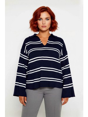 Ersefa Kadın Polo Yaka Çizgili Akrilik Triko Kazak Relaxed Kalıbı Sayesinde Soğuk Havalara Şıklık Katıyor