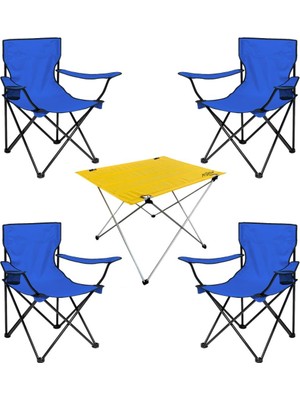 Argeus 4 Adet Katlanır Kamp Sandalyesi ve Masa Seti - (DY.001) - Mavi/sarı - Plaj Sandalyesi