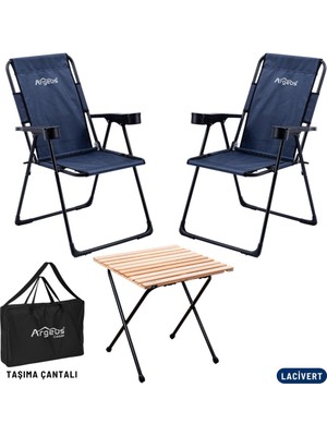 Argeus 2 Adet Katlanır Kamp Sandalyesi ve Masa Seti - Rest - Taşıma Çantalı - Lacivert - 130 kg Taşıma