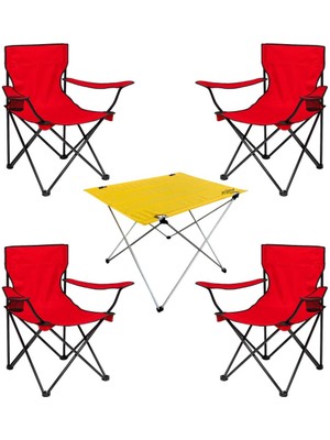 Argeus 4 Adet Katlanır Kamp Sandalyesi ve Masa Seti - (DY.001) - Kırmızı/sarı - Plaj Sandalyesi
