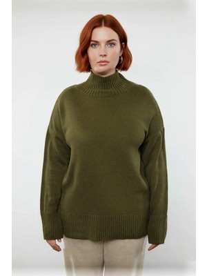 Ersefa Kadın Düz Desen Akrilik Triko Kazak Relaxed Kalıp Dik Yaka Düşük Kol Kış Için Konforlu Stil