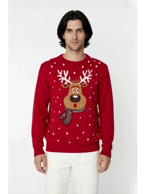 Ersefa Erkek Regular Fit Kalın Kırmızı Bisiklet Yaka Yılbaşı Temalı Kışlık Geyik Desenli Triko Kazak
