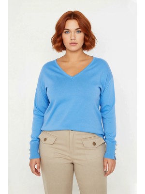 Ersefa Kadın Düz Desen Regular Kalıp Triko V Yaka Kazak Uzun Kollu ve Şık Düğme Detayları Ile Kaliteli