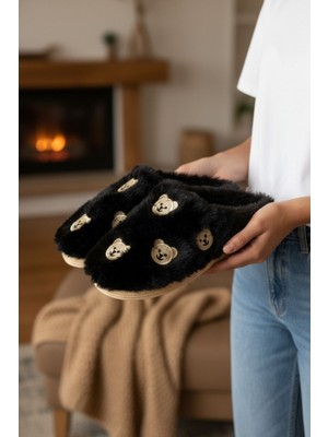Moda Fırsat Kadın Terlik Siyah Peluş İçi Yünlü Kürklü Gelin Ev Terliği Konforlu Günlük Kullanım