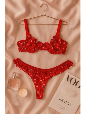 Kırmızı Çiçek Desenli Fırfırlı Tül Sütyen Külot Takımı