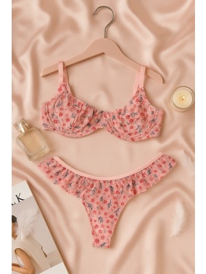 Pudra Çiçek Desenli Fırfırlı Tül Sütyen Külot Takımı