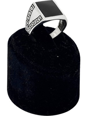 Oya Silver Greg Desenli Kenar Siyah Mineli Gümüş Erkek Yüzük