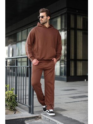 Madmext Acı Kahverengi Kanguru Cep Kapüşonlu Erkek Eşofman Takımı E7336