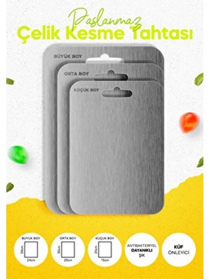 Paslanmaz Çelik Kesme Tahtası – Antibakteriyel, Küf Tutmaz, Çift Taraflı Kullanım | Küçük / Orta / Büyük Boy