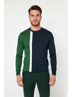 Ersefa Erkek Basic Siluet Bisiklet Yaka Renk Bloklu Uzun Kollu Fitted Kalıp Intersia Triko Kazak Kaliteli