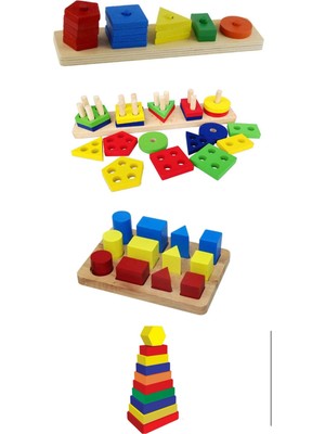 Toy Oyuncak Okul Öncesi Ahşap Montessori Kavram Oyuncakları 4’Lü Set Tak Çıkar Renk Sıralama Geometrik Şekiller