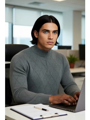 FRM Erkek Gri Regular Kalıp Pamuklu Triko Baklava Desenli Yarım Fermuarlı Dik Yaka Kış Kazak Kaliteli