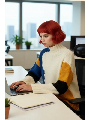 FRM Kadın Oversize Dik Yaka Bej Renk Bloklu Düşük Kol Uzun Triko Kazak Kış Günleri Için Ideal Seçim