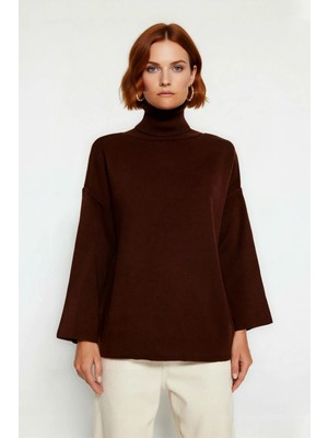 Ersefa Kadınlara Özel Oversize Kesim Düz Desen Balıkçı Yaka Uzun Kollu Triko Kazak Kış Modası Kaliteli