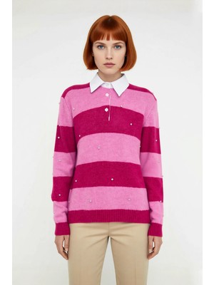 Ersefa Bayan Yumuşak Dokulu Polo Yaka Çizgili Oversize Triko Kazak Düşük Kol Detaylı Kışlık Casual Şıklık