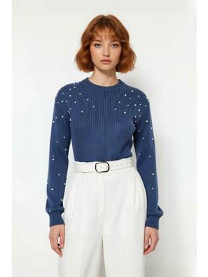 Ersefa Kadın Inci Detaylı Bisiklet Yaka Regular Kalıp Düşük Kol Fitilli Triko Kazak Günlük Şıklık