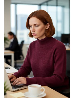 FRM Kadın Cool Comfort Oversize Dik Yaka Triko Kazak Basic Rahat Kışlık Bordo Günlük Şıklığı Tamamlar