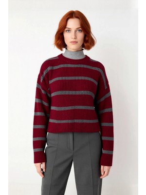 Ersefa Kadınlara Özel Basic Çizgili Oversize Triko Kazak Bisiklet Yaka Uzun Düşük Kol Kış Şıklığı