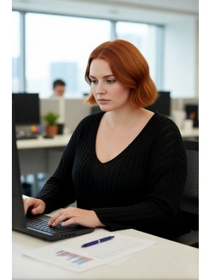 FRM Kadın Rahat Düşük Kol V Yaka Triko Kazak Şık Düz Fitilli Regular Kalıp Ilkbahar Sonbahar Kombini