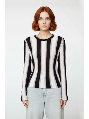 Ersefa Kadın Basic Bisiklet Yaka Ince Triko Renk Bloklu Uzun Kollu Pamuk Polyester Karışımlı Kazak