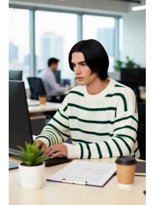 FRM Casual Erkek Kalın Triko Dokulu Bisiklet Yaka Çizgili Oversize Selanik Kışlık Kazak Modeli