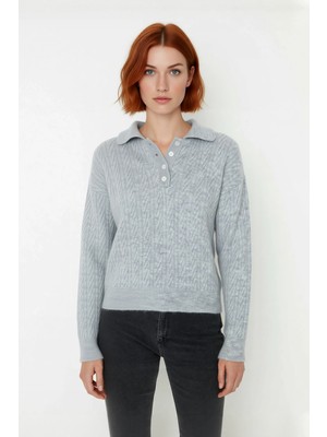 Ersefa Kadın Oversize Triko Polo Yaka Saç Örgü Düşük Kollu Rahat Kışlık Basic Stil Kazak Kaliteli