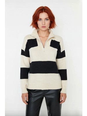 Ersefa Kadın Triko Çizgili Fermuarlı Dik Yaka Oversize Kazak Konforlu Düşük Kol Kış Giyim Tarzı Kaliteli