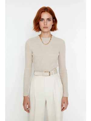 Ersefa Kadın Fitted Uzun Kol Bisiklet Yaka Triko Kazak Fitilli Düz Desen Akrilik Günlük Şıklık Kaliteli