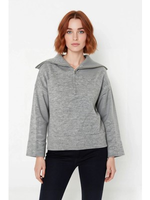 Ersefa Kadın Oversize Yumuşak Dokulu Triko Kazak Dik Yaka Fermuarlı Düşük Kol Rahat Ramadan Koleksiyonu